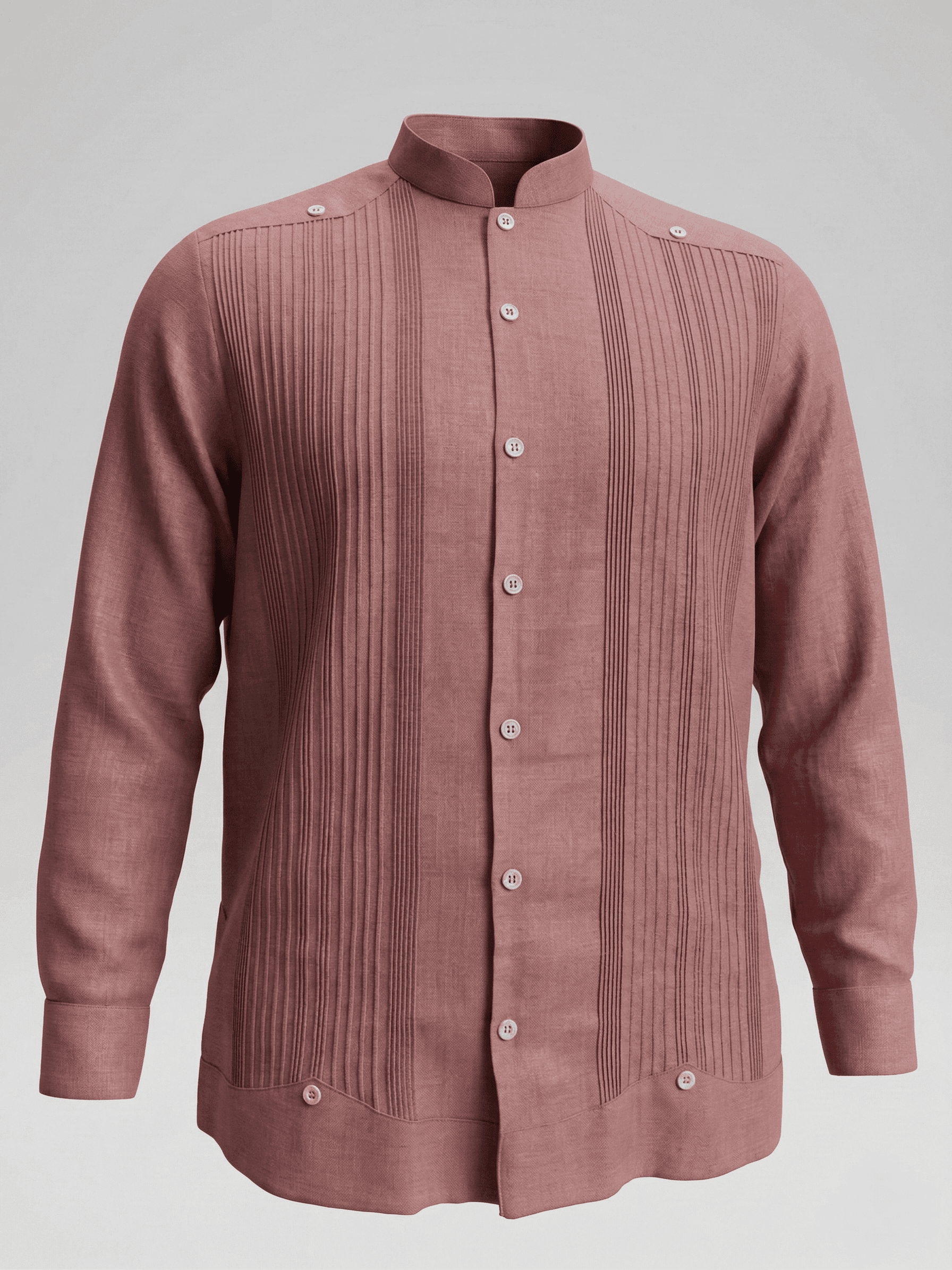 Camisa tipo guayabera de color malva con cuello mandarín y detalles de pliegues verticales en el pecho, exhibida en un maniquí sobre un fondo de madera.