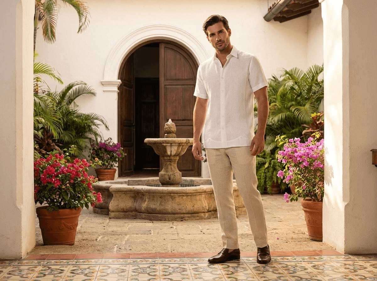 Camisa guayabera clásica de color blanco con manga corta y paneles de pliegues verticales tradicionales, exhibida en un maniquí sobre un fondo rústico.